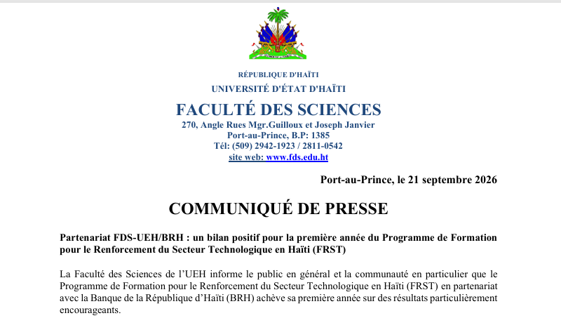 Partenariat FDS-UEH/BRH : un bilan positif pour la première année du Programme de Formation pour le Renforcement du Secteur Technologique en Haïti (FRST)